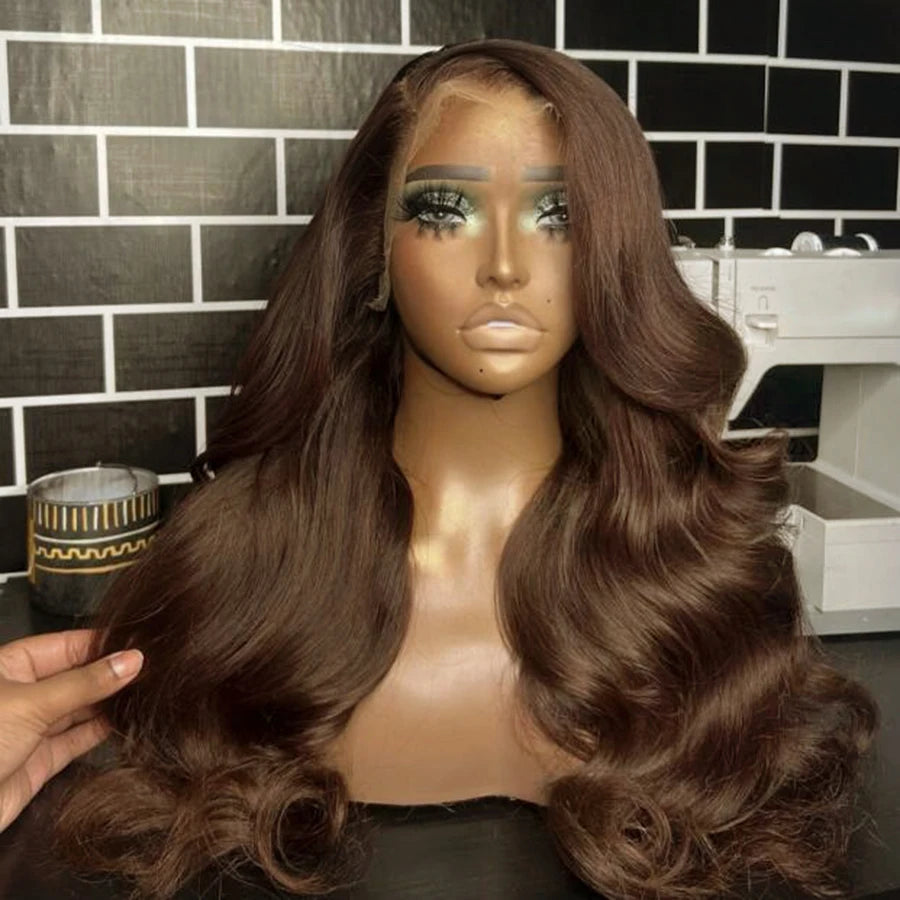 Glueless13x6 Full Frontal HD Lace Wig Chocolate Brown Colored Human Hair Body Wave Pre Plucked Natural Hairline For Black Woman