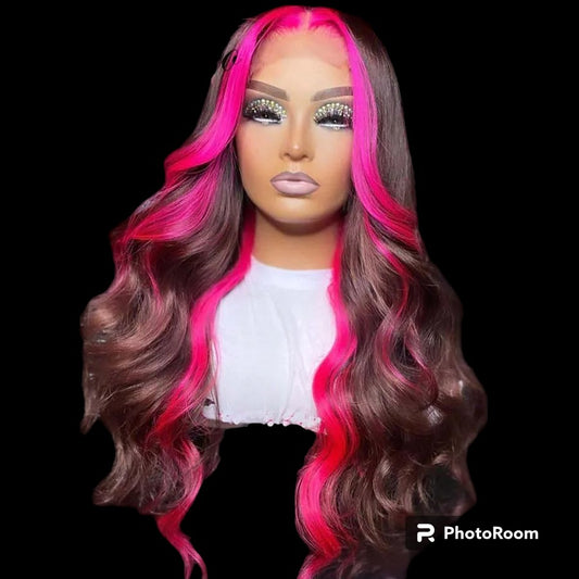 Highlight Pink Color 13x4 Lace Front WIgs with Middle Part Brazilian Hair 4x4 Lace Closure Wigs  Brazlian Hair Wigs