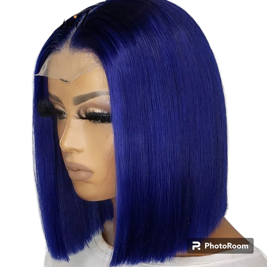 Blue Color 13x4 Bob Cut Wigs For Women Peruvian Remy Hair Closure Wigs with Baby Hair Lace Front Human Hair Wigs