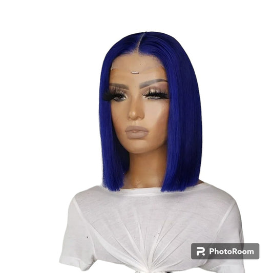 Blue Color 13x4 Bob Cut Wigs For Women Peruvian Remy Hair Closure Wigs with Baby Hair Lace Front Human Hair Wigs