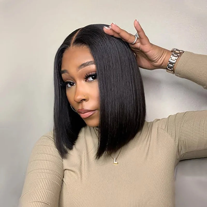 Pre Bleached Knots Wear And Go Short Bob Hair Wig Human Hair Transparent Glueless Straight Lace Front Wig PrePlucked