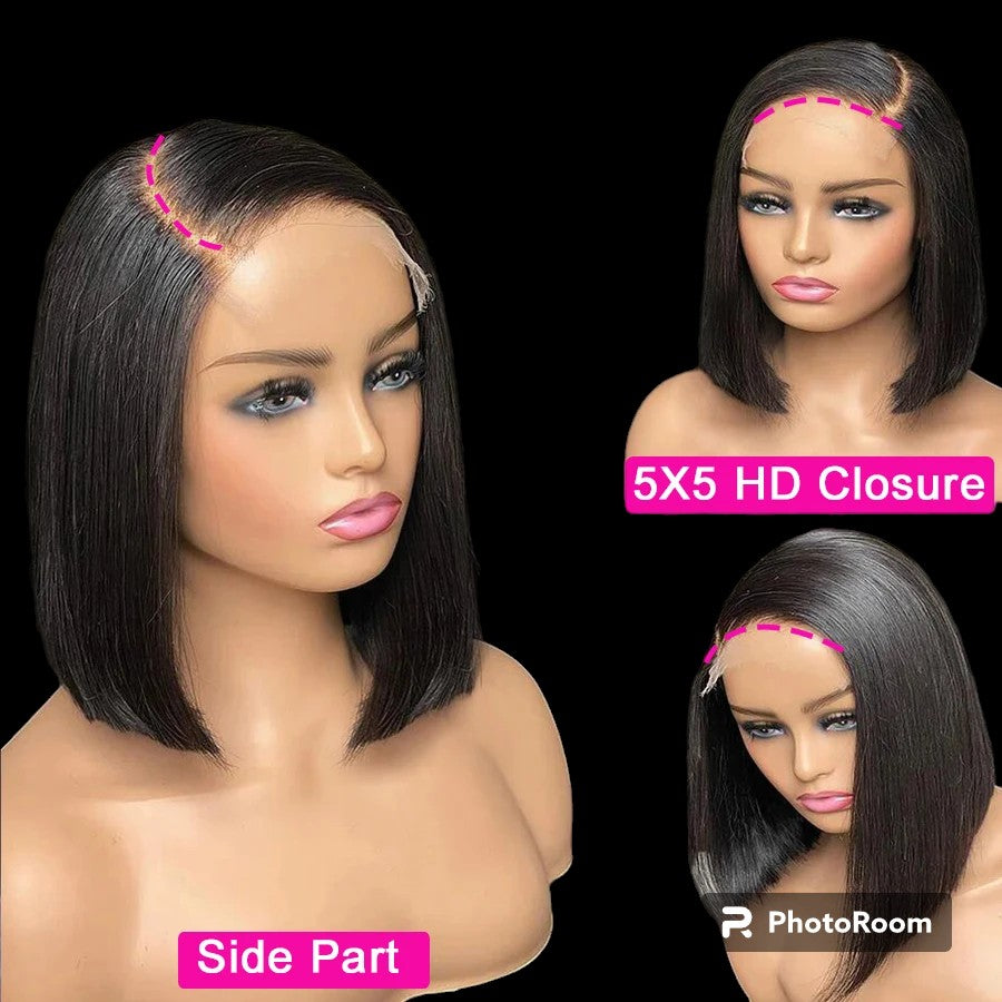 5x5 HD Lace Closure Short Bob Human Hair Wigs Glueless Ready to Wear Straight Bob Wigs Bleached Knots Pre-Plucked Hair