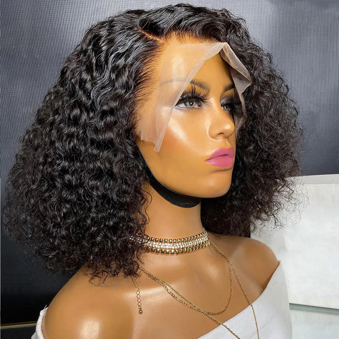 12A Kinky Curly Short Bob Human Hair Wigs 13x4 Lace Frontal Closure Water Wave Wigs Glueless  Brazilian Remy Wigs For Women