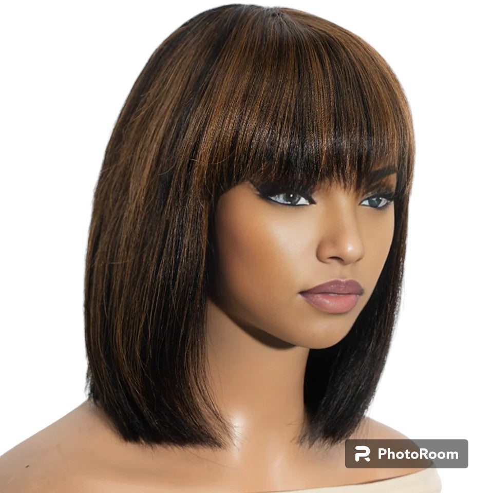 Straight Short Bob Wigs Human Hair Wig With Bangs Peruvian Remy Full Machine Made Wig for Women Brown Honey Color Bob Wig