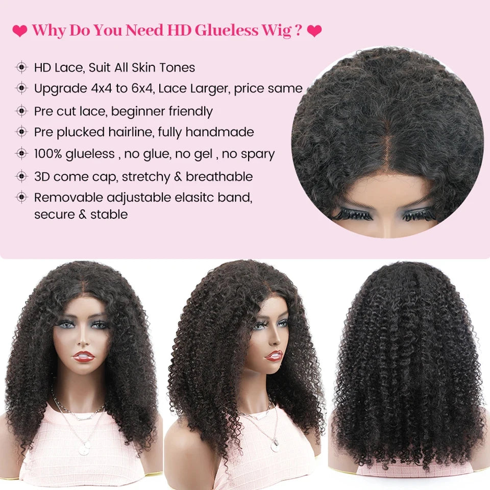 Wear Go Glueless Wig Hair Mongolian Kinky Curly 13x4 Lace Front HD Glueless Pre Plucked Wg Hman Hair Ready To Wear Pre Cut