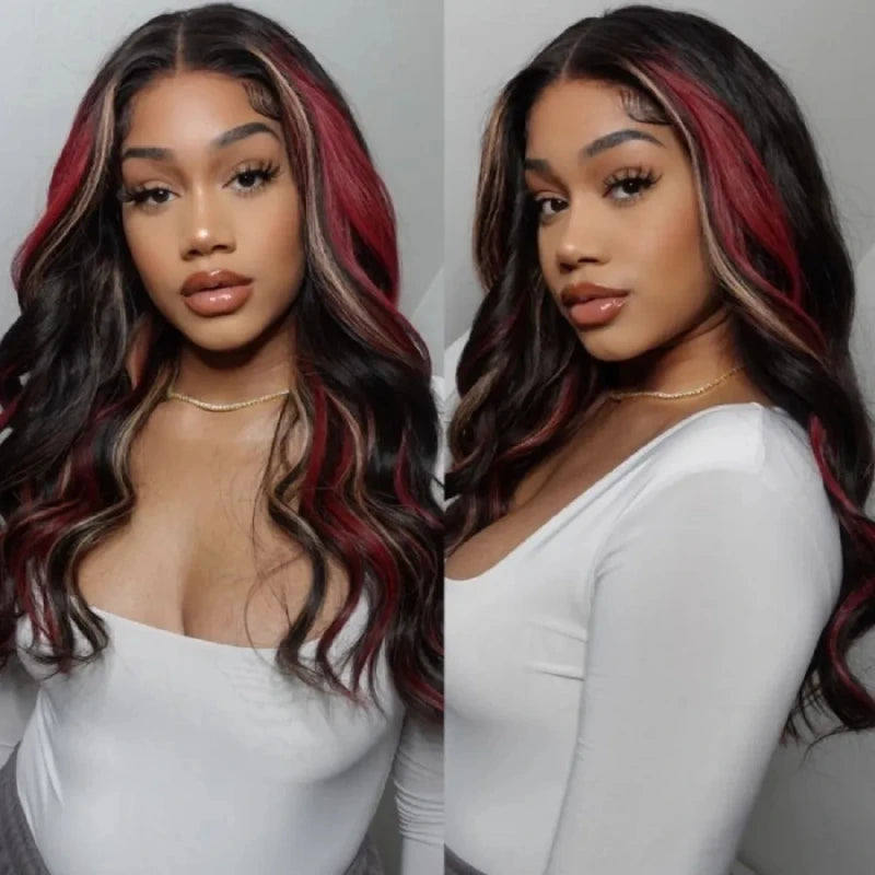 13x4 Lace Front Wig Loose Wave Black With Red & Blonde Highlights Glueless Human Hair Lace Frontal Wigs for Women