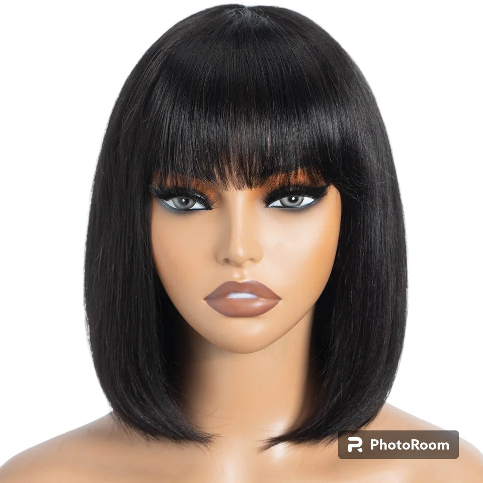 Straight Short Bob Wigs Human Hair Wig With Bangs Peruvian Remy Full Machine Made Wig for Women Brown Honey Color Bob Wig