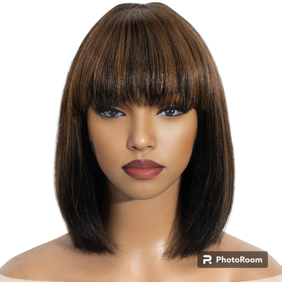 Straight Short Bob Wigs Human Hair Wig With Bangs Peruvian Remy Full Machine Made Wig for Women Brown Honey Color Bob Wig