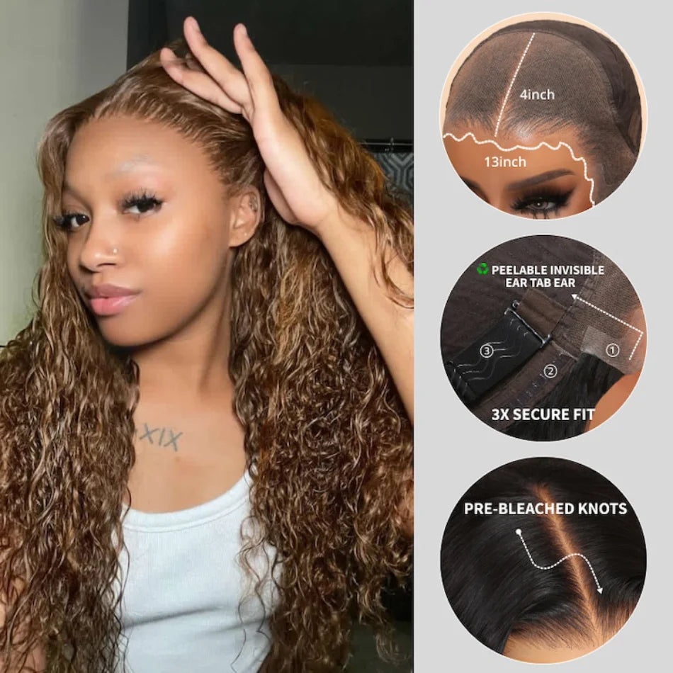 3D Dome Cap 13x4 Full Glueless Frontal Wig Ombre Highlights Piano Brown Water Wave Highlight For Women