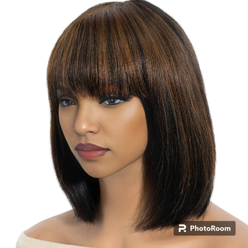 Straight Short Bob Wigs Human Hair Wig With Bangs Peruvian Remy Full Machine Made Wig for Women Brown Honey Color Bob Wig