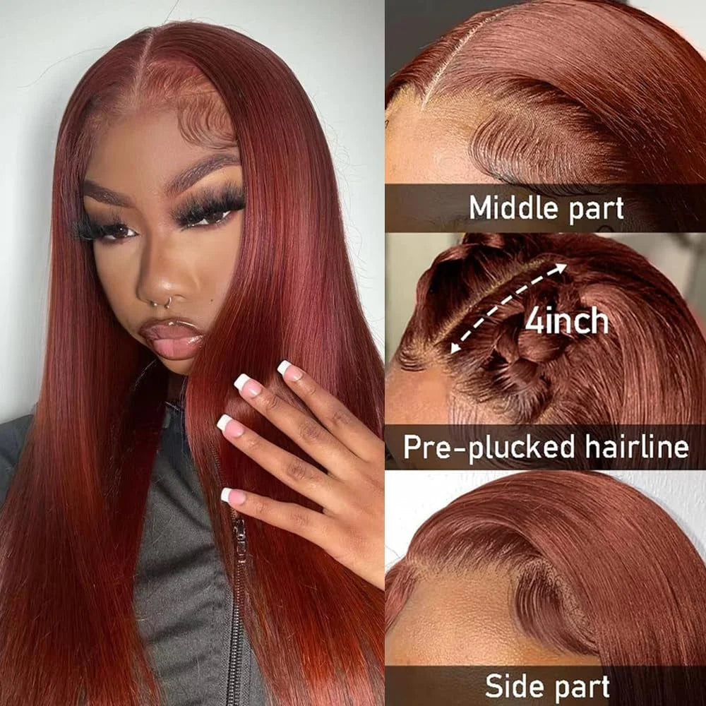 Reddish Brown Bone Straight Lace Front Wigs Human Hair Wear Go Glueless HD ISEE Hair 6x4 Lace Closure Wig