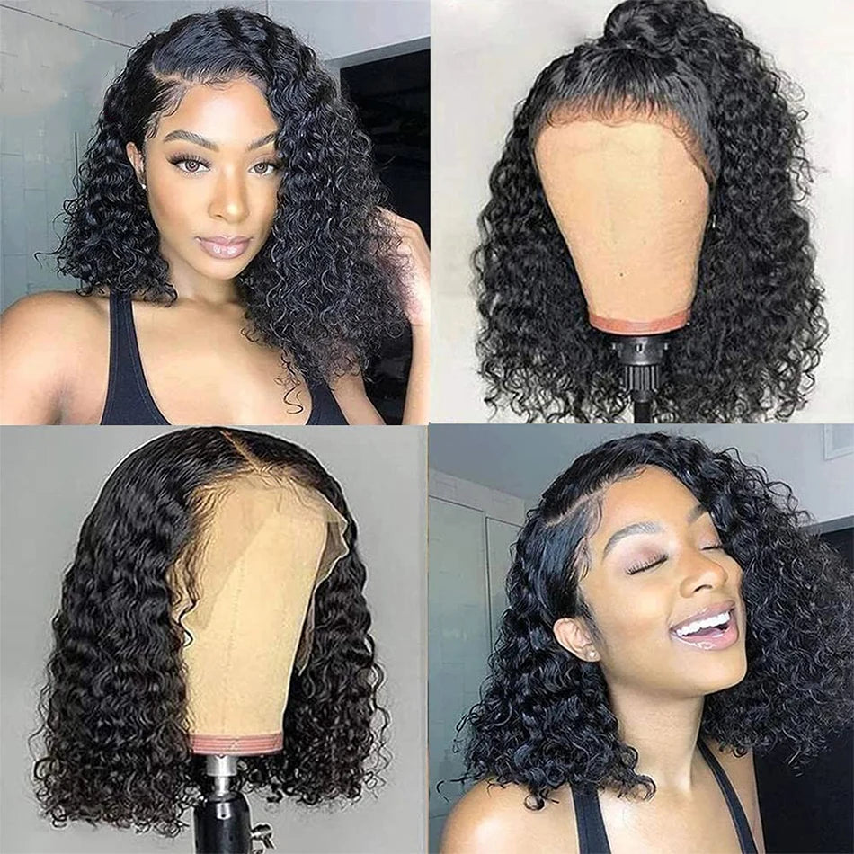 12A Kinky Curly Short Bob Human Hair Wigs 13x4 Lace Frontal Closure Water Wave Wigs Glueless  Brazilian Remy Wigs For Women