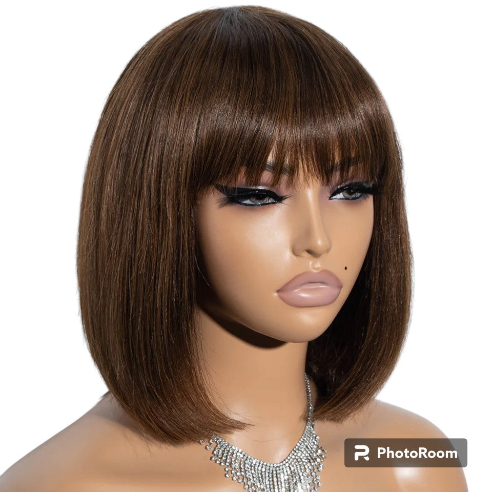 Straight Short Bob Wigs Human Hair Wig With Bangs Peruvian Remy Full Machine Made Wig for Women Brown Honey Color Bob Wig