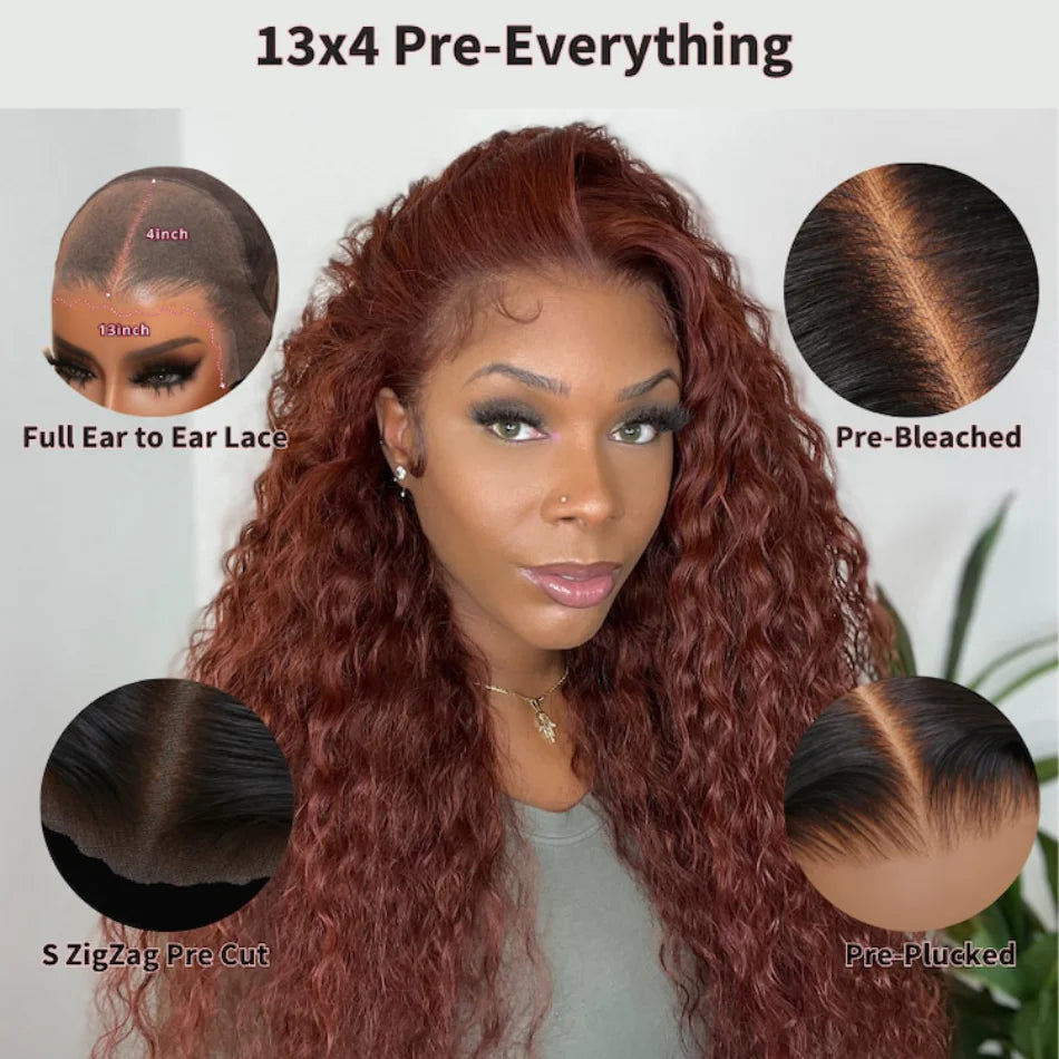 Reddish Brown 13x4 Pre-Everything Frontal Wig Water Wave Brazilian Human Hair Glueless Lace Front Wigs for Women