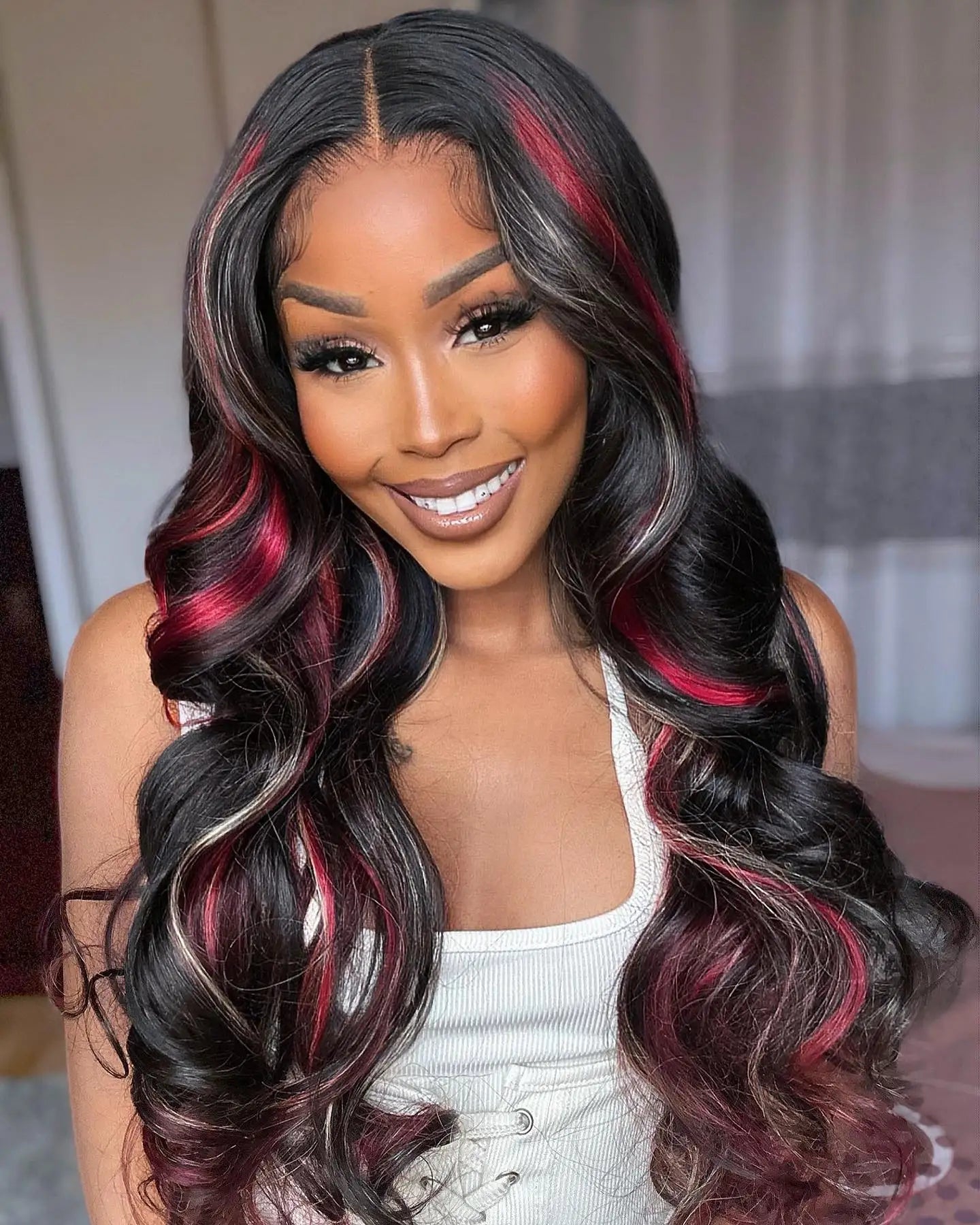 13x4 Lace Front Wig Loose Wave Black With Red & Blonde Highlights Glueless Human Hair Lace Frontal Wigs for Women