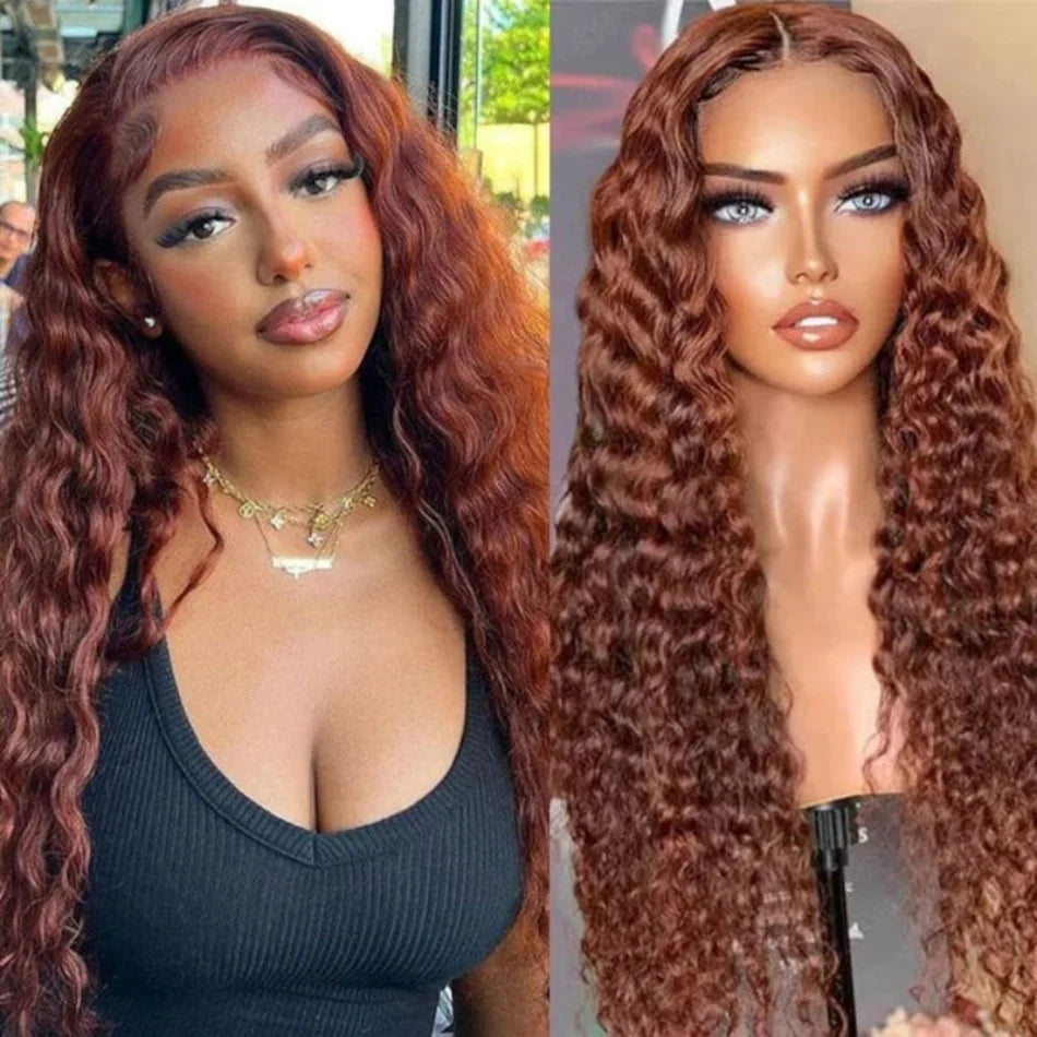 Reddish Brown 13x4 Pre-Everything Frontal Wig Water Wave Brazilian Human Hair Glueless Lace Front Wigs for Women