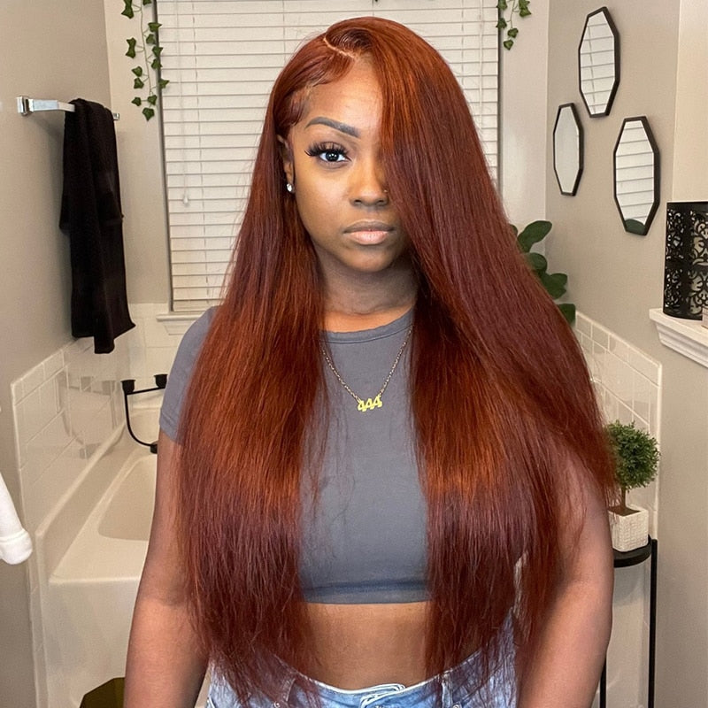 Wig#33 Reddish Brown HD Lace Front 13X4 Straight Brazilian Hair180 density